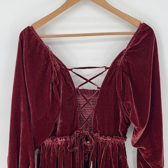Free People Womens Velvet Lace Up Dress Daphne Long Sleeve Lined Red Size Medium - Picture 6 of 13